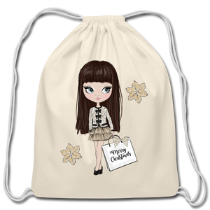 Christmas Shopping and Snowflakes Cotton Drawstring Bag - natural