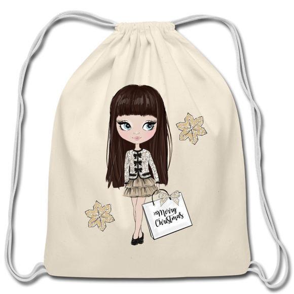 Christmas Shopping and Snowflakes Cotton Drawstring Bag - natural