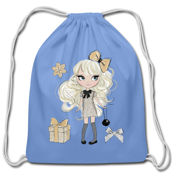 Christmas Curls and Bows Cotton Drawstring Bag - carolina blue