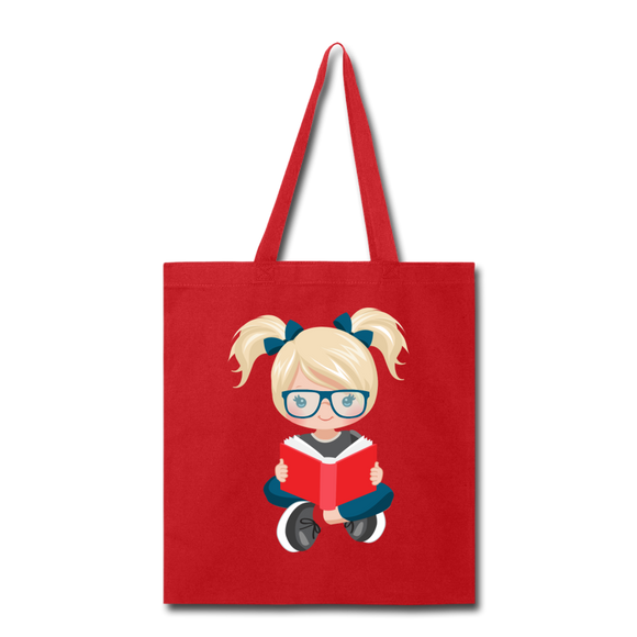 Blonde Ponytails and Books Girl Tote Bag - red