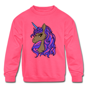 Brown Unicorn | Kids' Crewneck Sweatshirt - neon pink