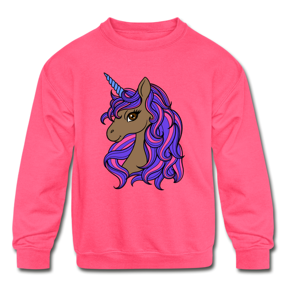 Brown Unicorn | Kids' Crewneck Sweatshirt - neon pink