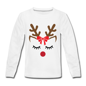 Red Bow Reindeer | Kids' Premium Long Sleeve T-Shirt - white