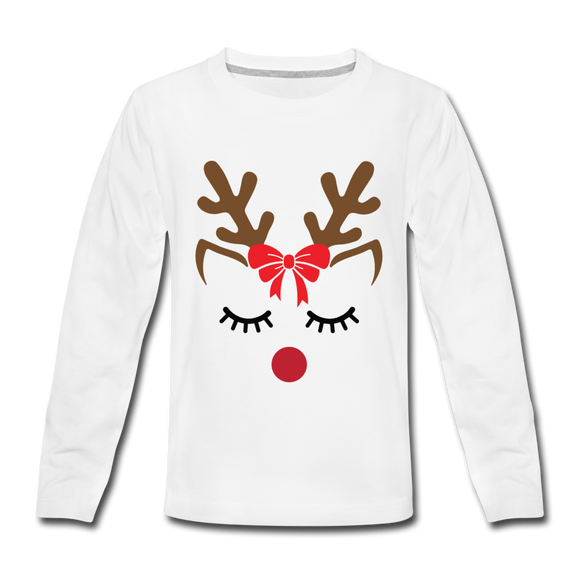 Red Bow Reindeer | Kids' Premium Long Sleeve T-Shirt - white