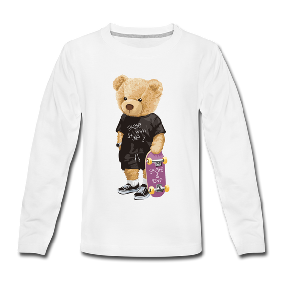 Skateboard Bear | Kids' Premium Long Sleeve T-Shirt - white