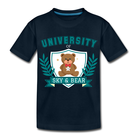 Sky and Bear University Kid’s Premium Organic Short Sleeve T-Shirt Blue and Teal - deep navy